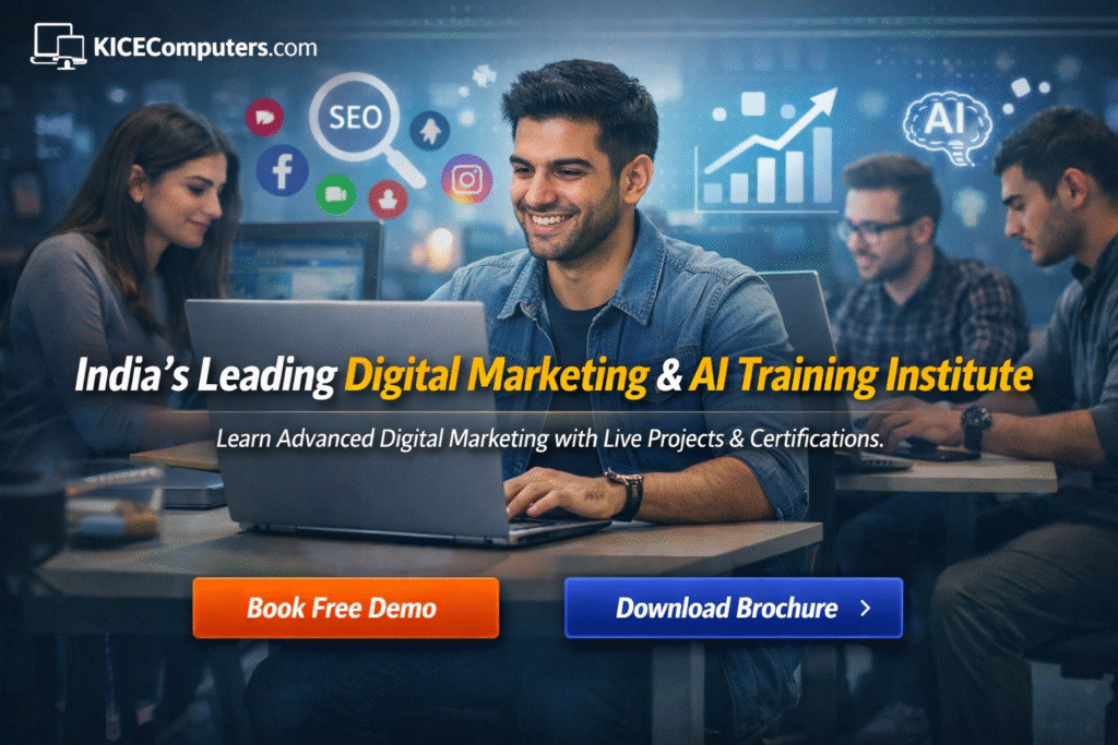 : “KICEComputers.com Digital Marketing & AI Training banner showing students learning SEO, social media, and AI tools with headline ‘India’s Leading Digital Marketing & AI Training Institute’